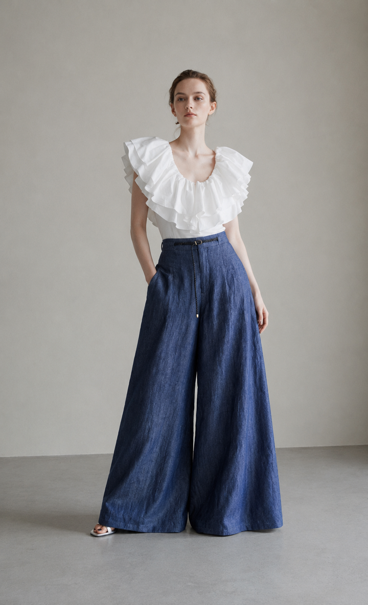 Waist-cinched denim shirt