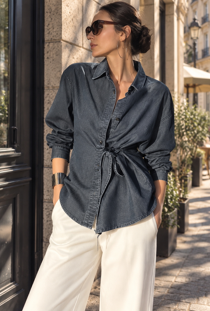 Waist-cinched denim shirt
