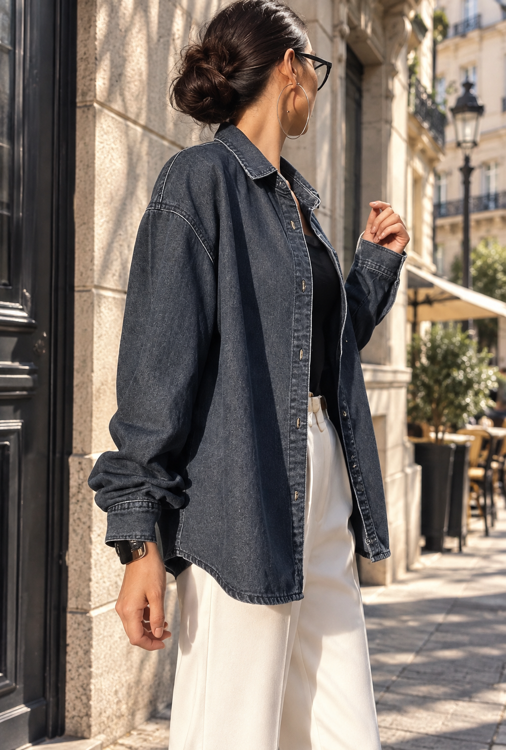Waist-cinched denim shirt