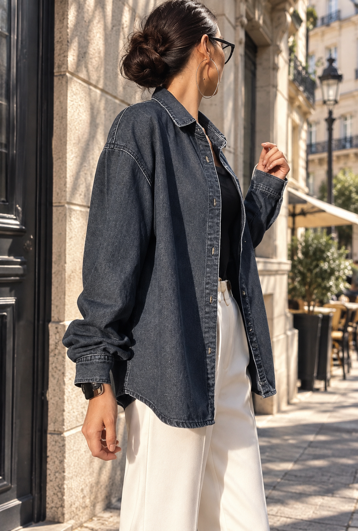 Waist-cinched denim shirt