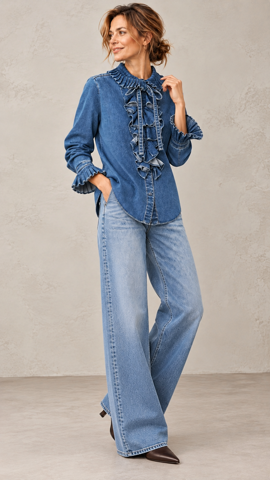 Waist-cinched denim shirt