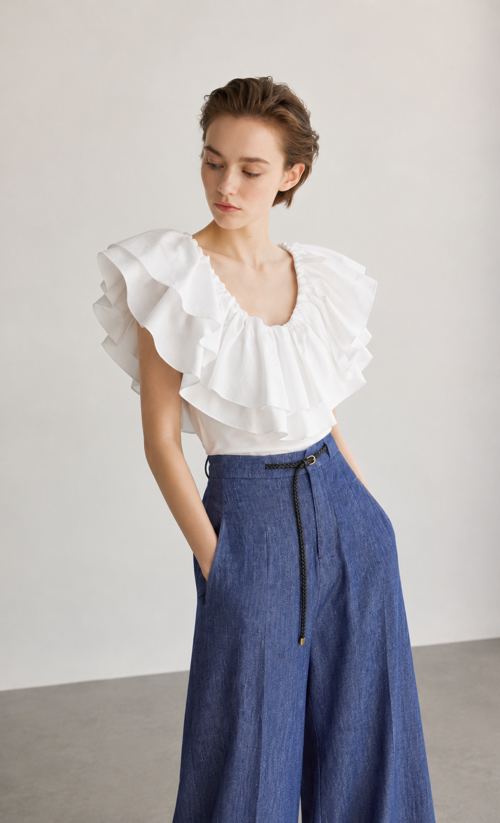 Waist-cinched denim shirt