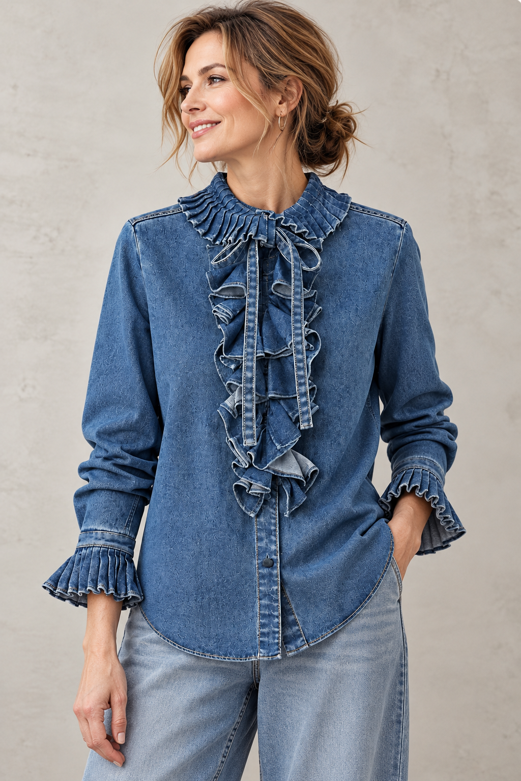 Waist-cinched denim shirt