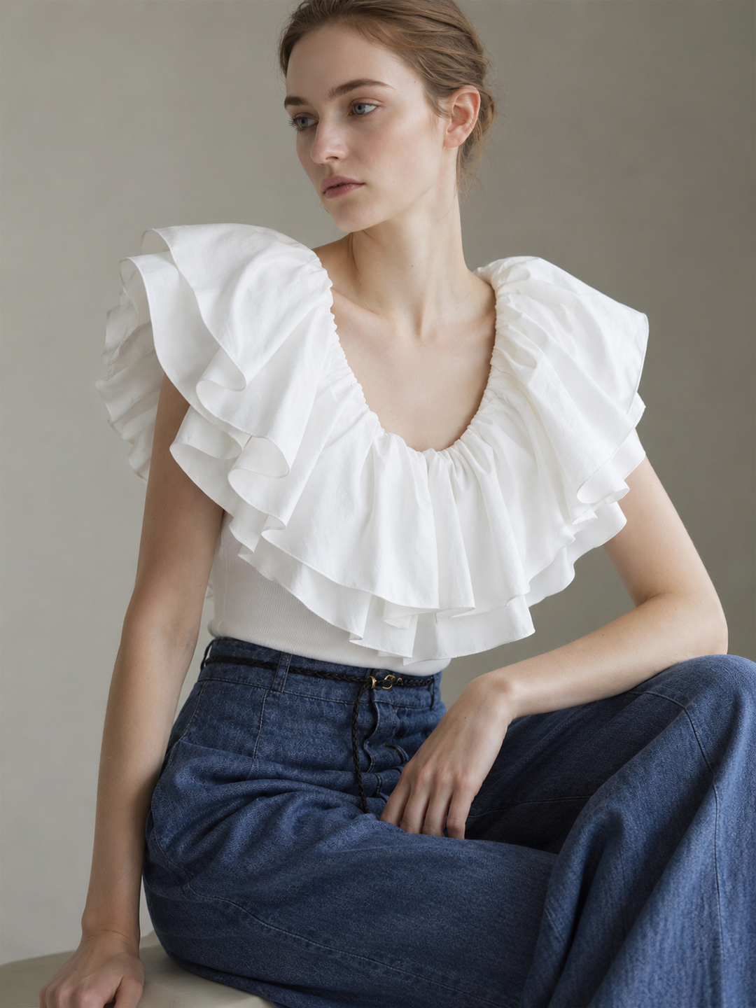 Waist-cinched denim shirt