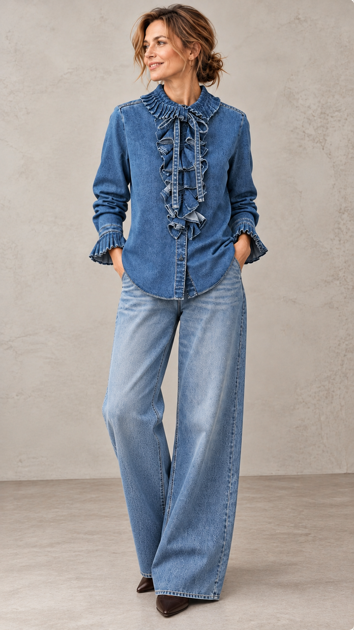 Waist-cinched denim shirt