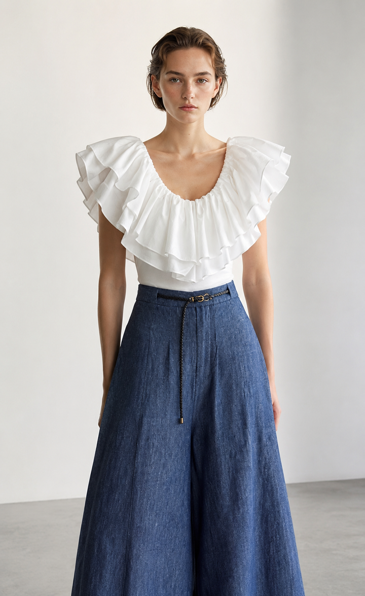 Waist-cinched denim shirt