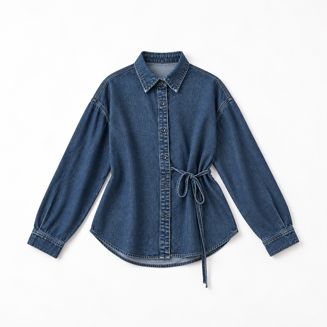 Waist-cinched denim shirt