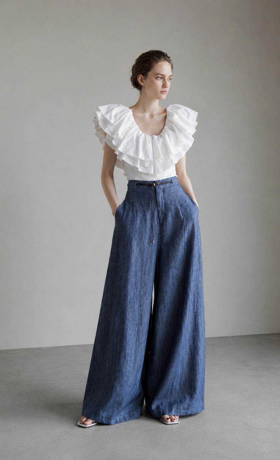 Waist-cinched denim shirt