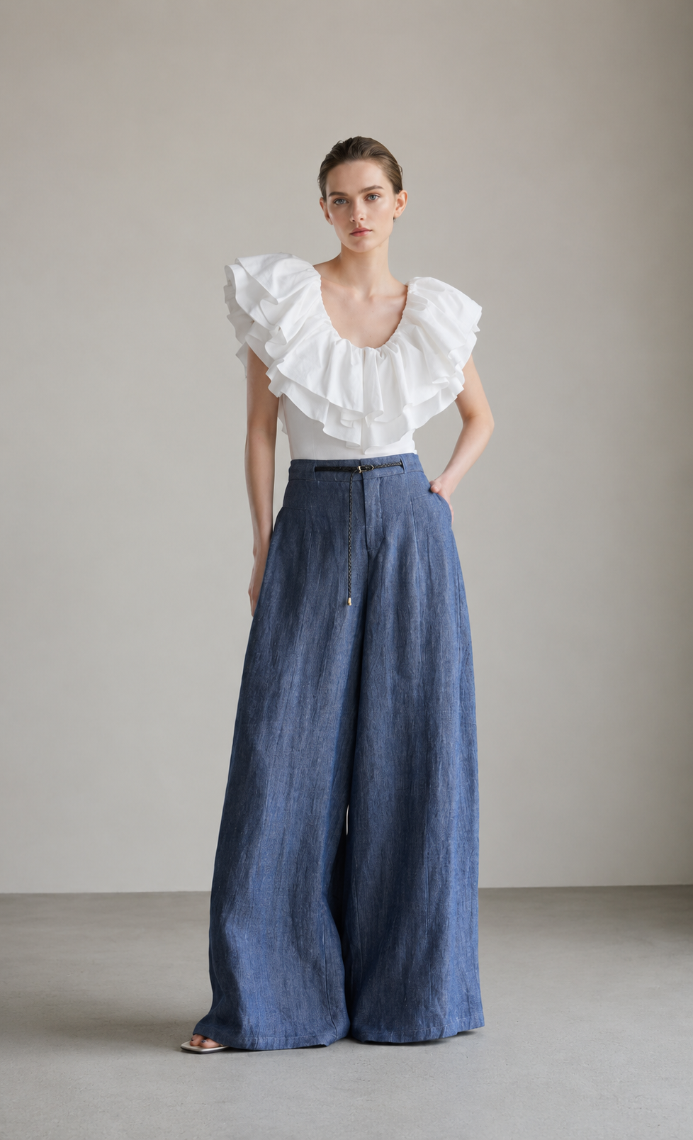 Waist-cinched denim shirt