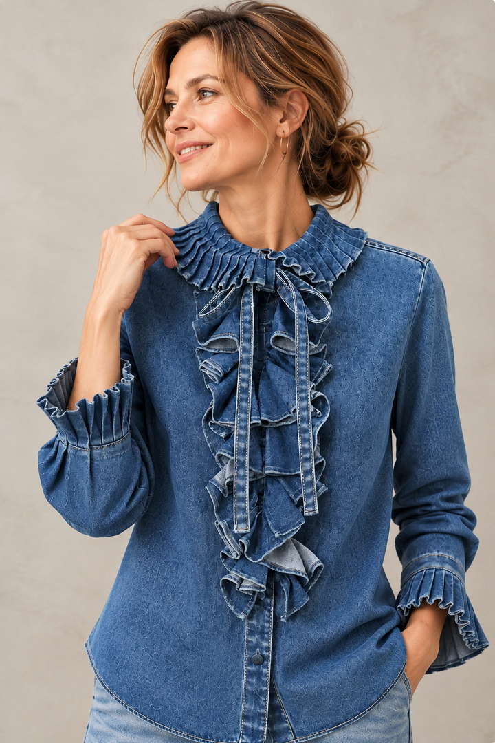 Waist-cinched denim shirt