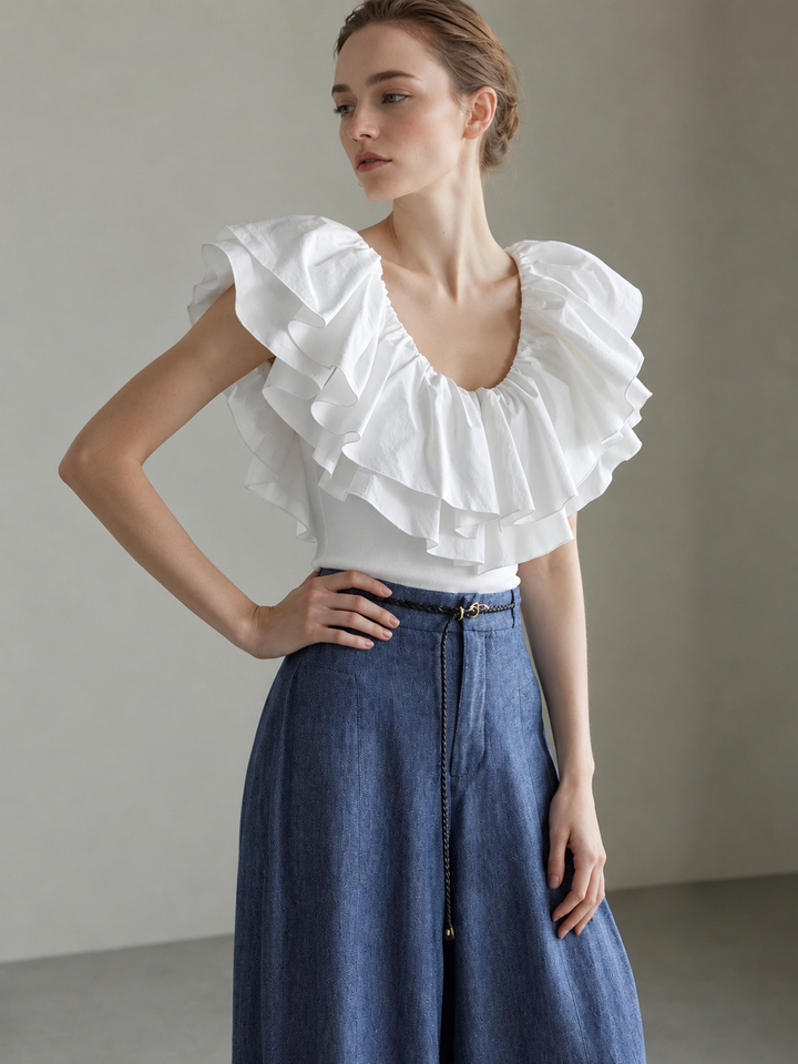 Waist-cinched denim shirt